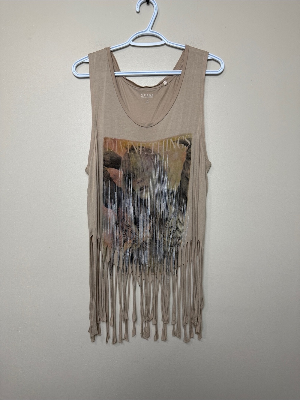 GUESS Taupe Fringe Graphic Tank Top - 'Divine Things' size L